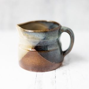 Pottery creamer pitcher USA Robert Maxwell? geometric blue brown ceramic 3"